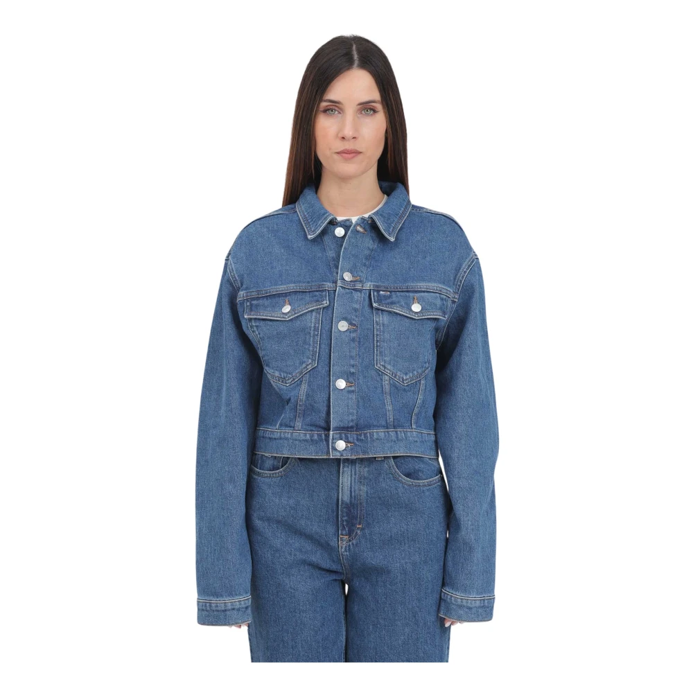 Tommy Jeans Blauwe Denim Trucker Jack met Color Block Motief Blue Dames