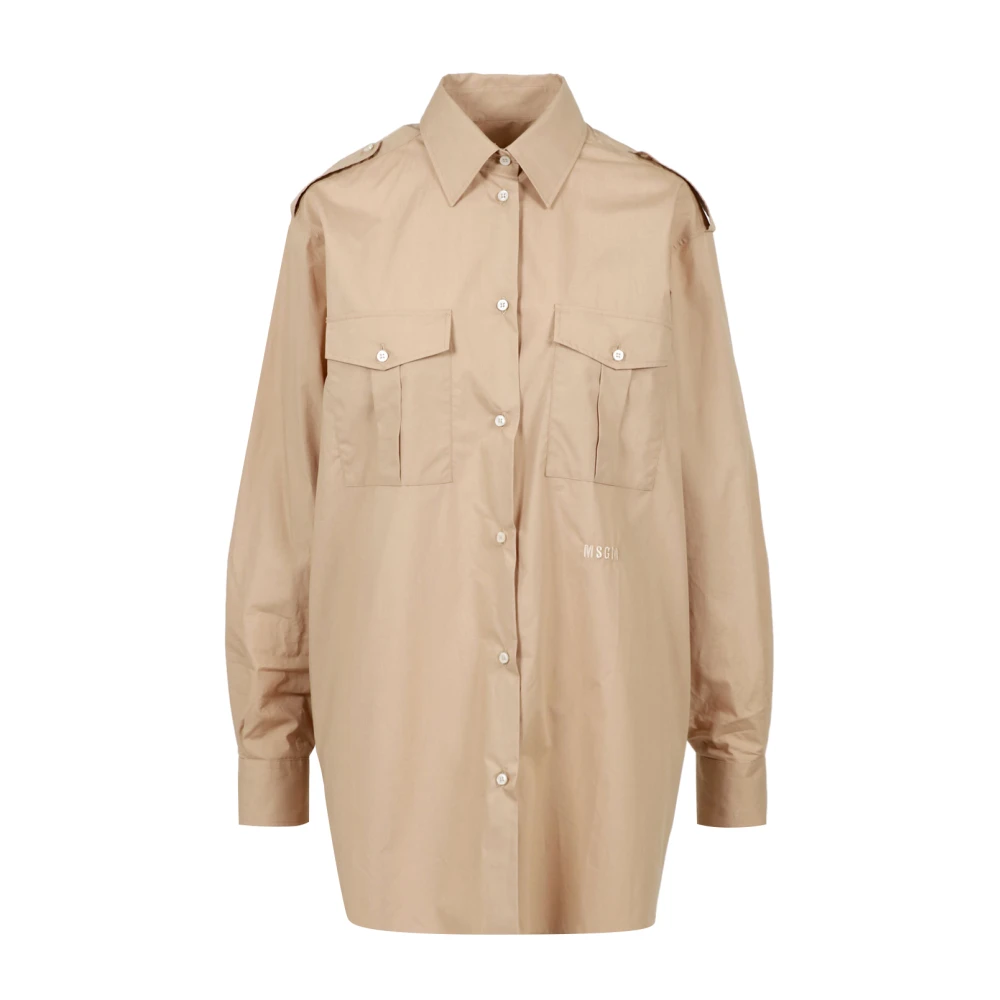 Msgm Beige Katoenen Shirt met Schouderembleem Beige Dames