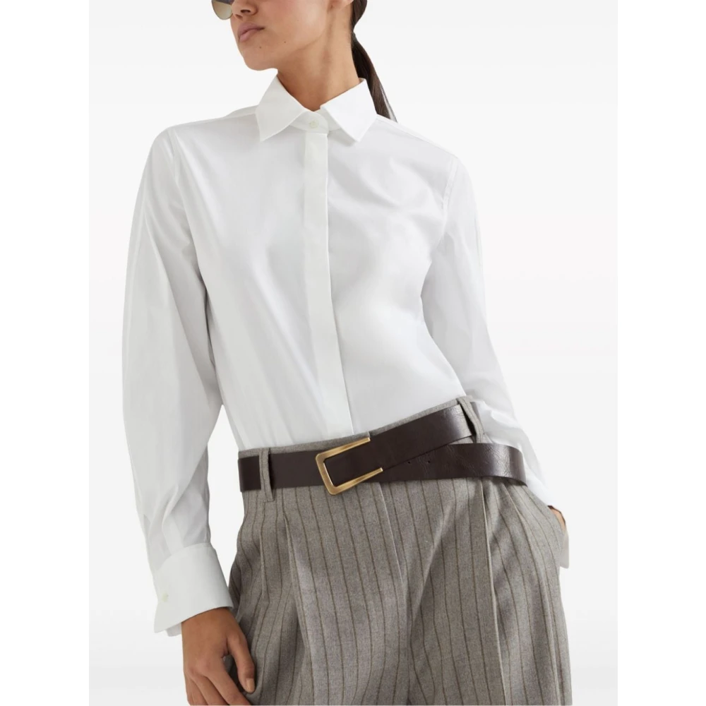 BRUNELLO CUCINELLI Witte Katoenen Stretch Overhemd met Monile Borduurwerk White Dames