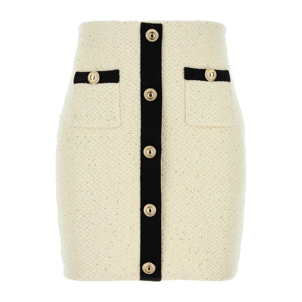 Self Portrait Women's Beige Short Skirts, S, Cream Sequin Knit Mini Skirt