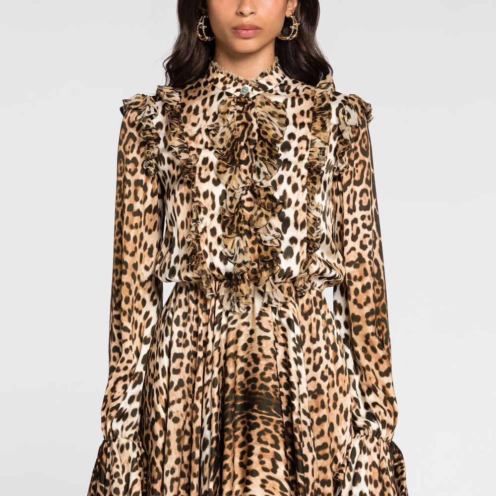 Roberto Cavalli Leopard-Print Gerimpelde Mini Jurk Brown Dames