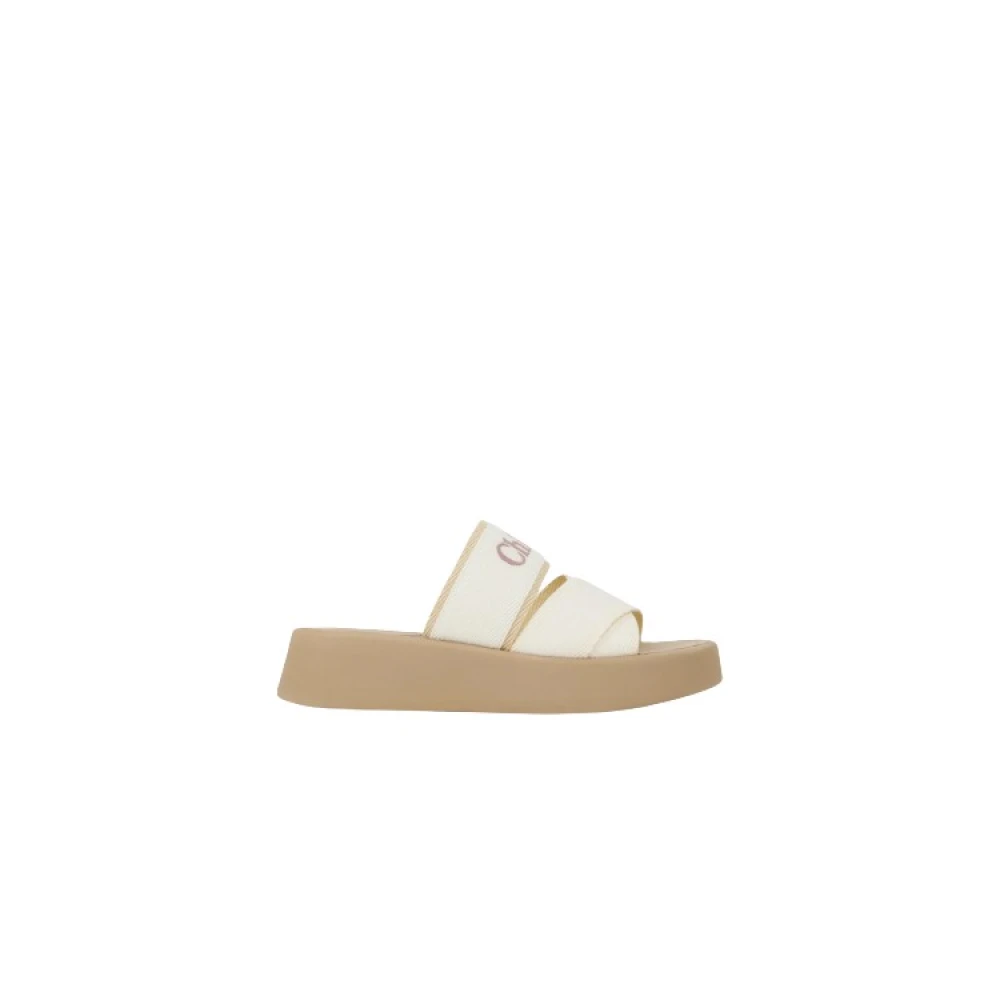 Chloé Beige & White Linne Slip-On Mules Beige, Dam