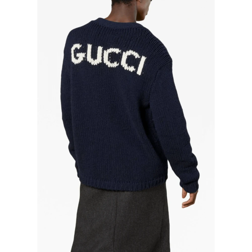 Gucci Intarsia-gebreide logo wollen Cardigan Blue Heren