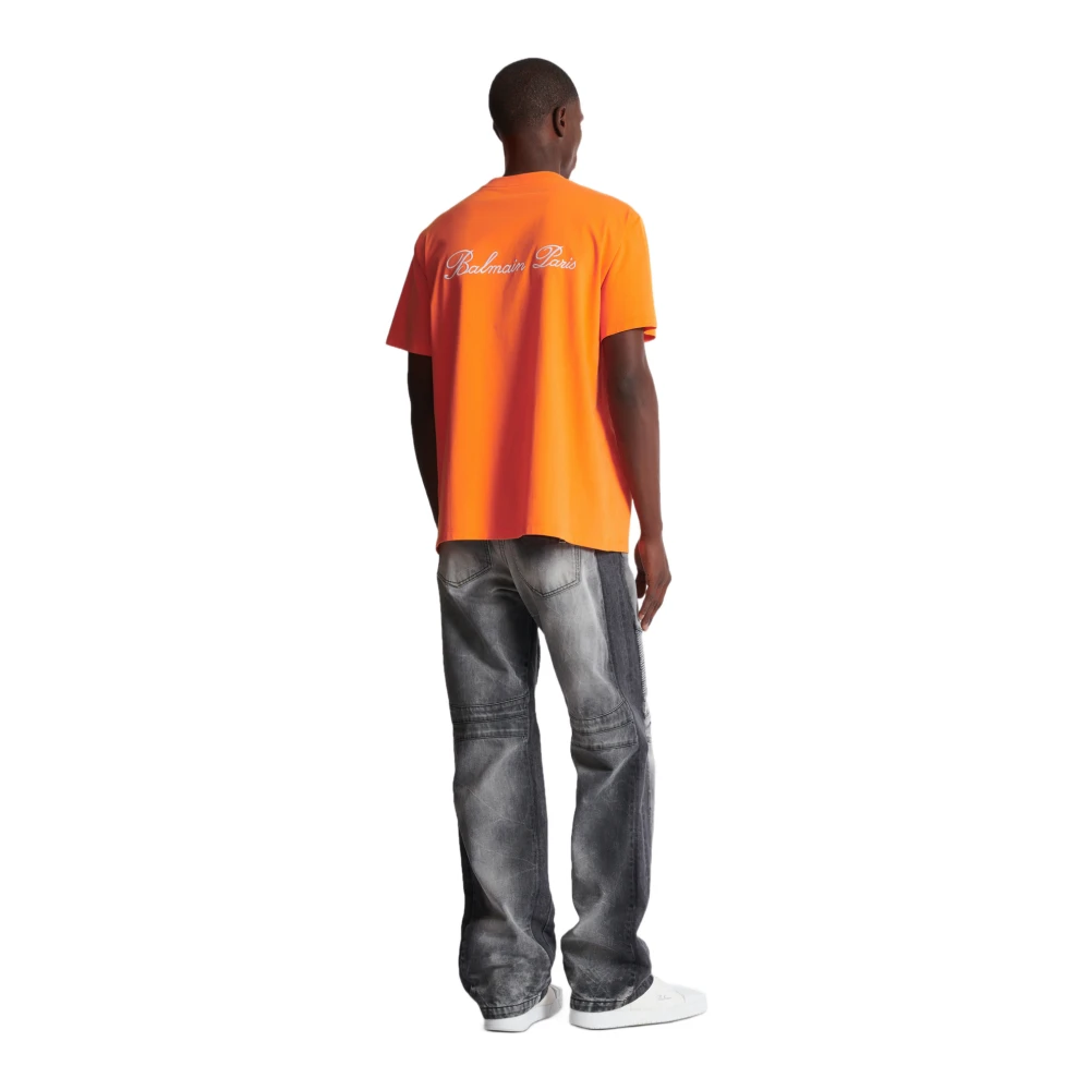 Balmain Relaxed T-shirt met handtekeningborduursel Orange Heren