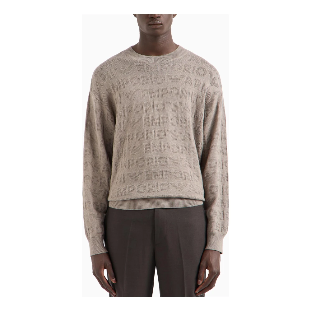 Emporio Armani Linkpatroon Trui Lange Mouw Ribboord Beige Heren