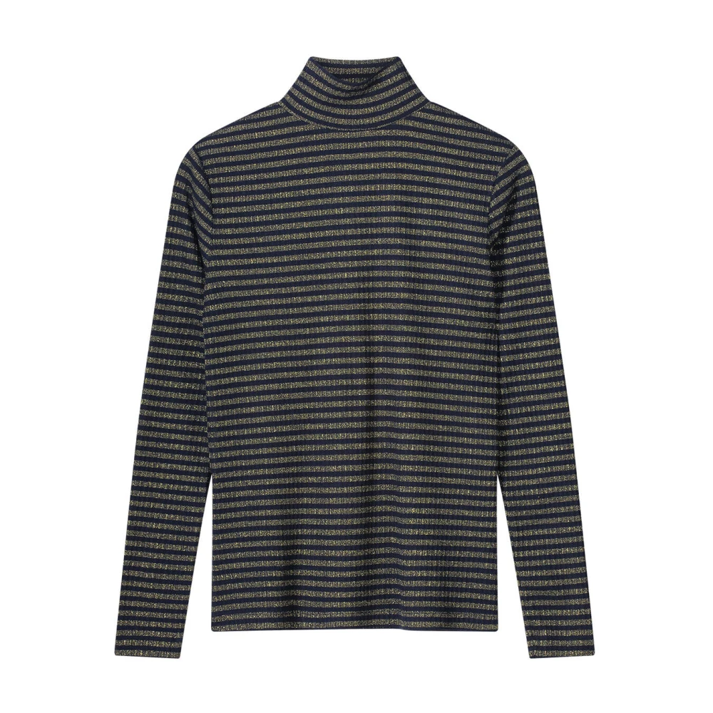 Summum Woman Lurex Rib Stripe Turtle Neck Top Blue Dames