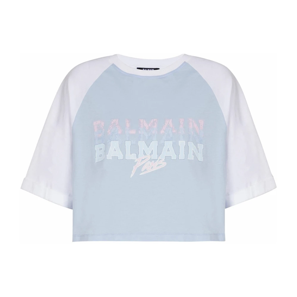 Balmain Women's Blue Cropped T-Shirt With Paris Print
