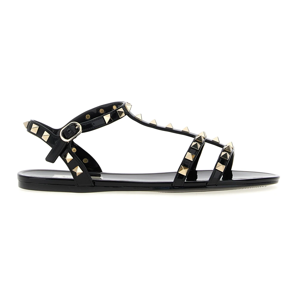 Valentino Garavani Black Rockstud Flat Rubber Sandal - Female - Flat Sandals - 4 Uk - Shoes