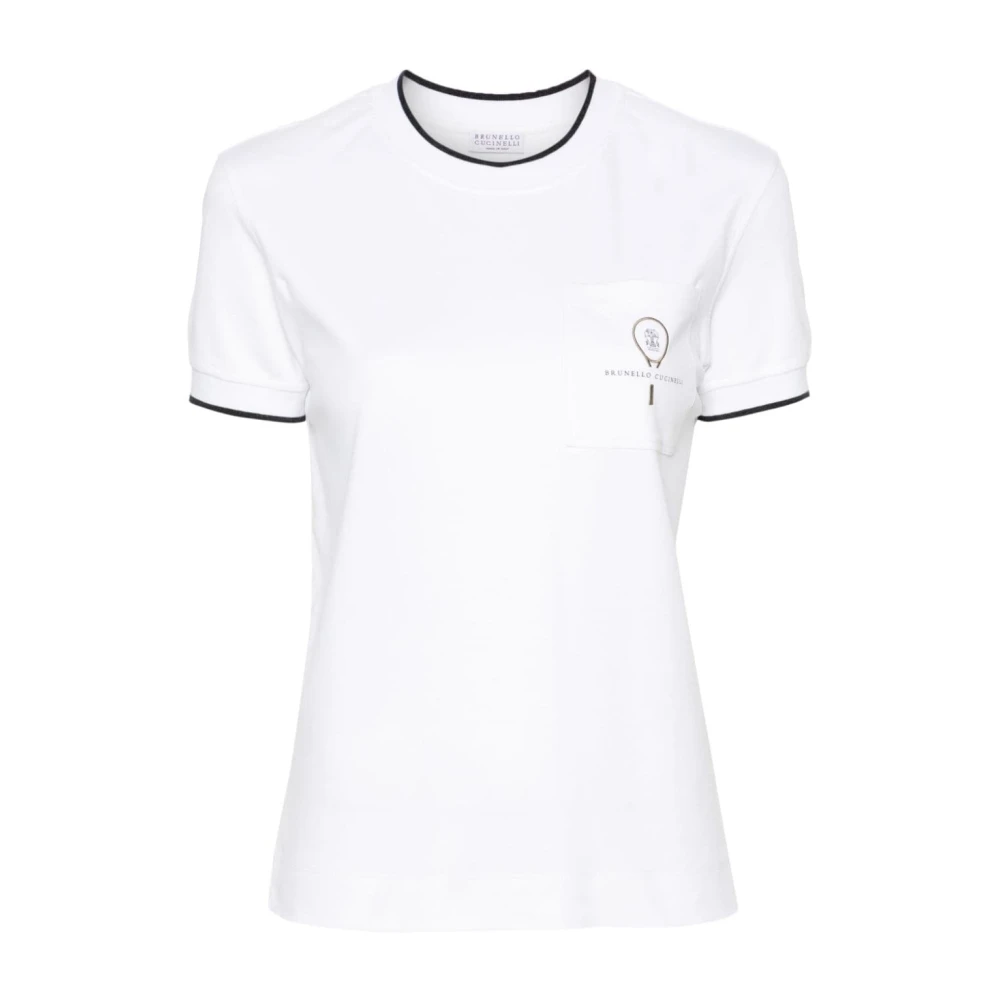 BRUNELLO CUCINELLI Witte Katoenen T-shirt met Contrastbies en Borstzak White Dames
