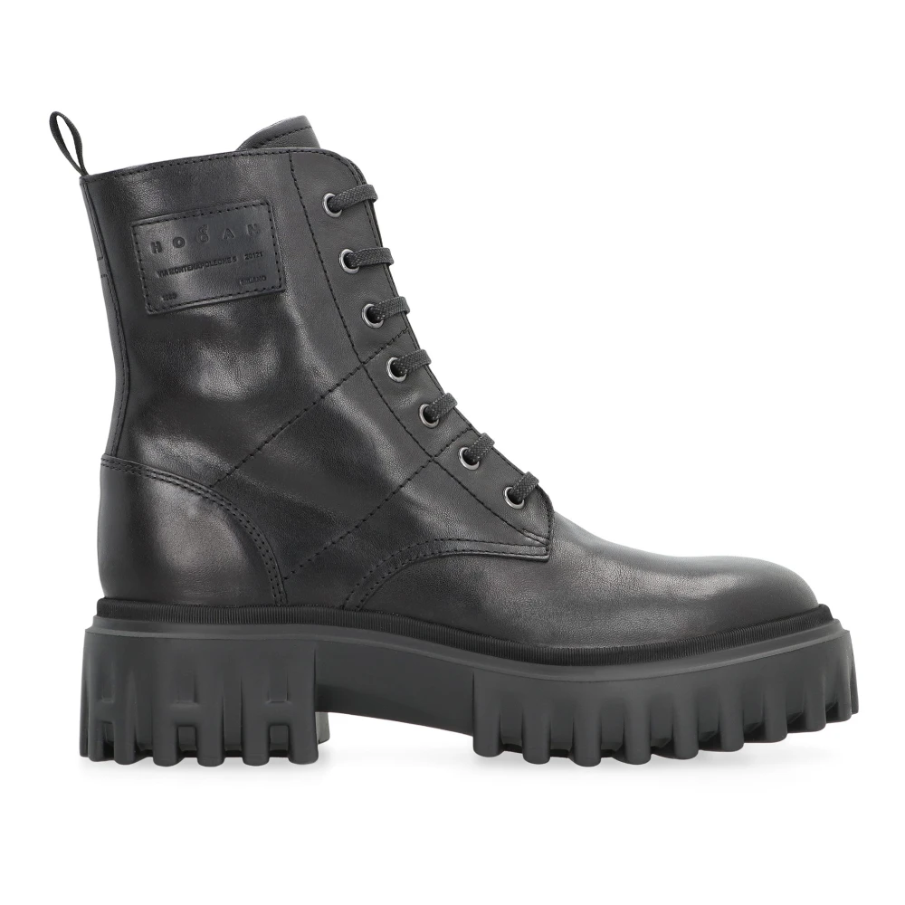 Hogan Women's Black Round Toeline Leather Ankle Boots