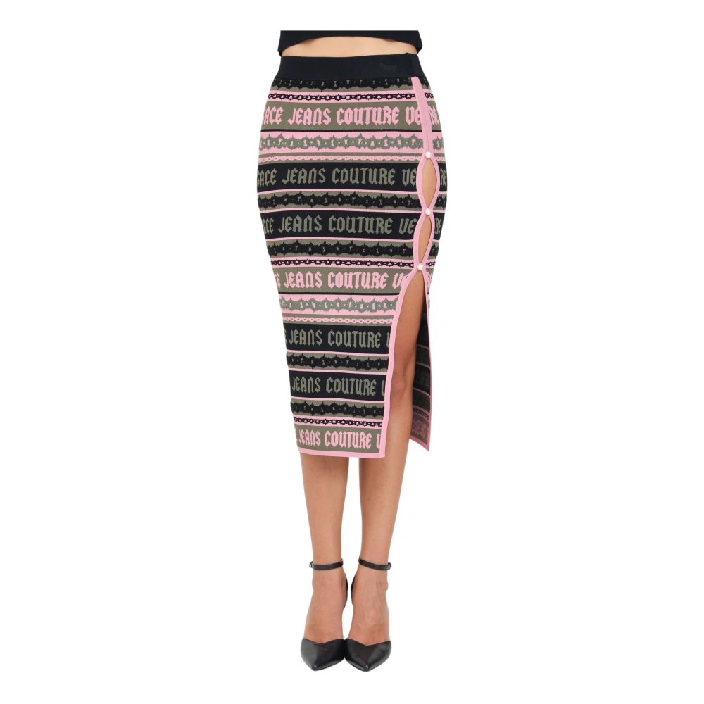 Versace Jeans Couture Groene Midi Rok Gotisch Logo Ketting Multicolor Dames
