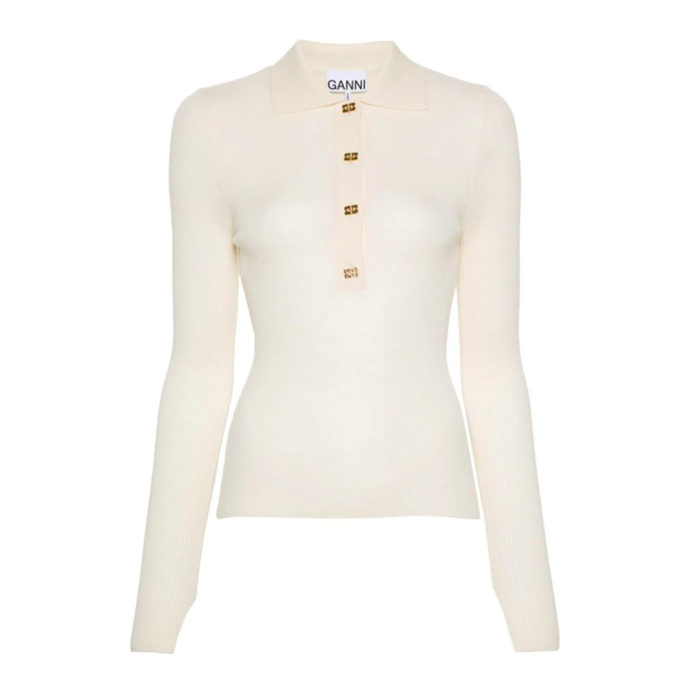 Ganni Merino Wol Rib Polo Shirt Beige Dames