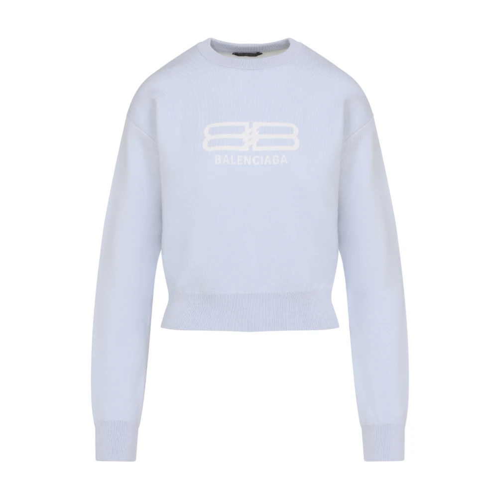 Balenciaga Women's Blue Round-Neck Knitwear, Xs, Wool Cotton Cropped Pullover