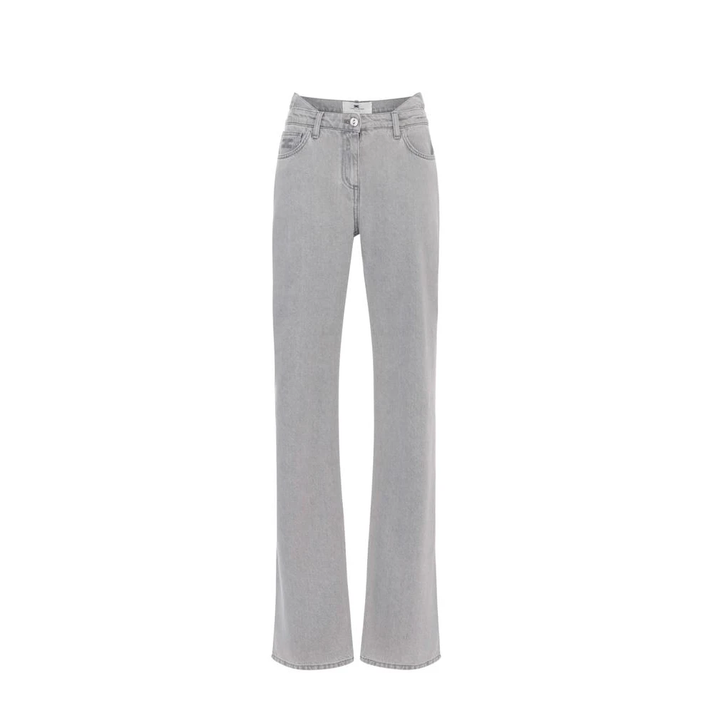 Elisabetta Franchi Women's Gray Bootcut Jeans, W27, Double Waist Jeans With Embroidered Logo