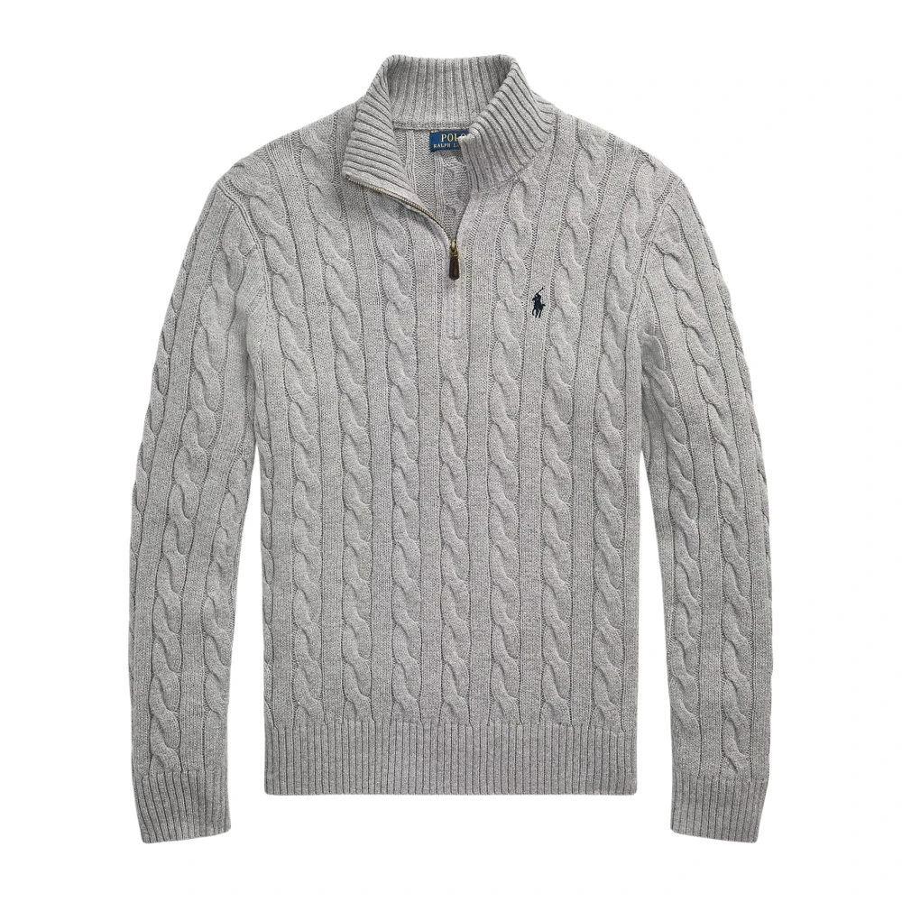Ralph Lauren Men's Gray Cable-Knit Cotton Quarter-Zip Jumper - Turtlenecks - L - Knitwear