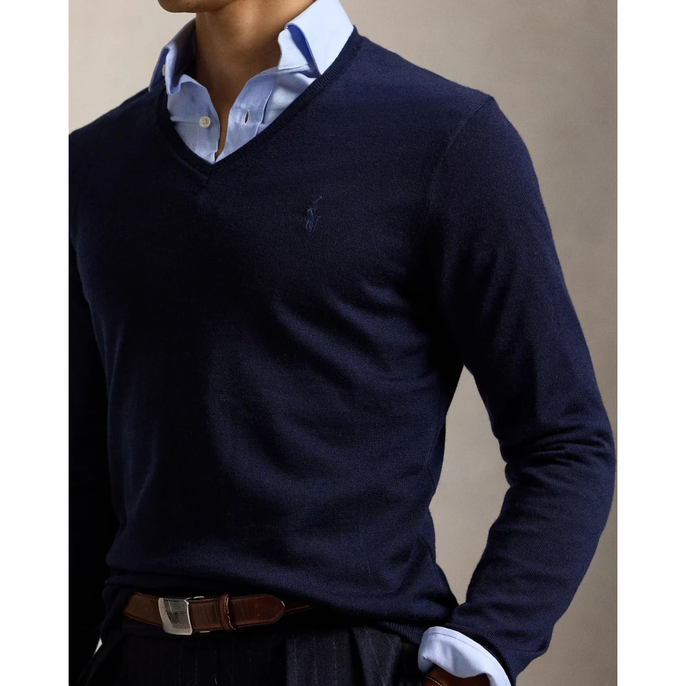 Polo Ralph Lauren Slim-Fit Wasbare Wollen V-Hals Trui Blue Heren