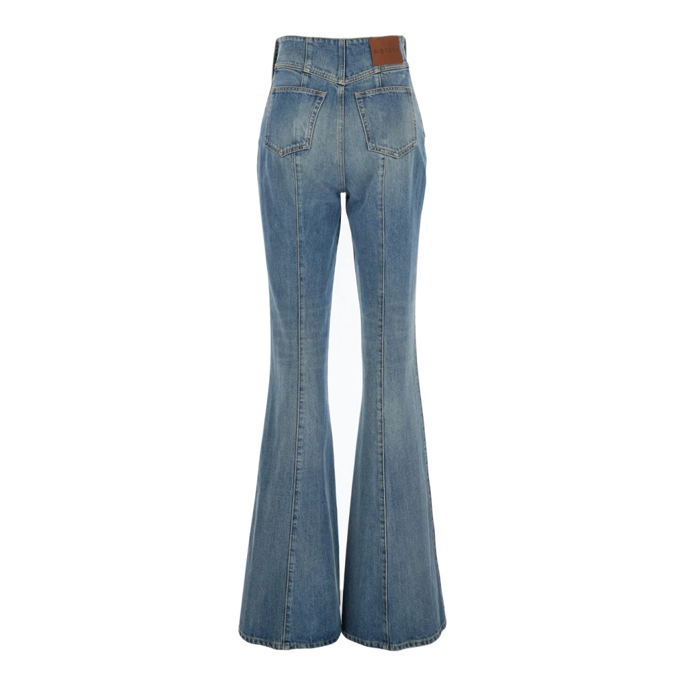 alexander mcqueen Blauwe Flared Denim Jeans met Logo Patch Blue Dames