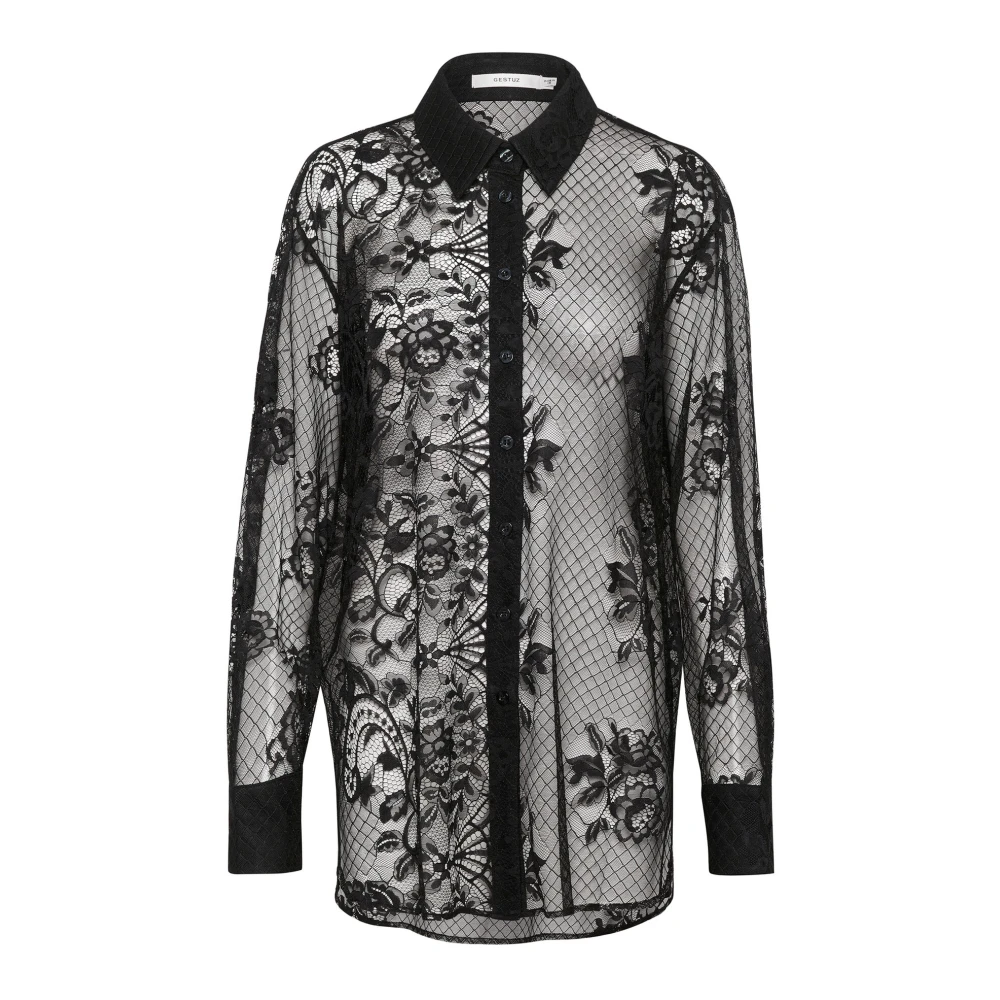 Gestuz Zwarte Kantenshirt met Lange Mouwen Black Dames