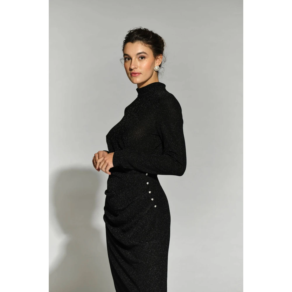 Moskada Zwarte Lurex Midi Jurk met Parel Detail Black Dames