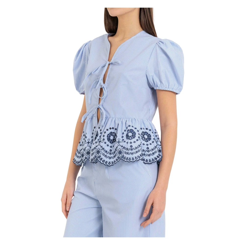 Kocca Women's Blue Blouses, Xs, Striped Blouse With Puff Sleeves And Embroidered Peplum