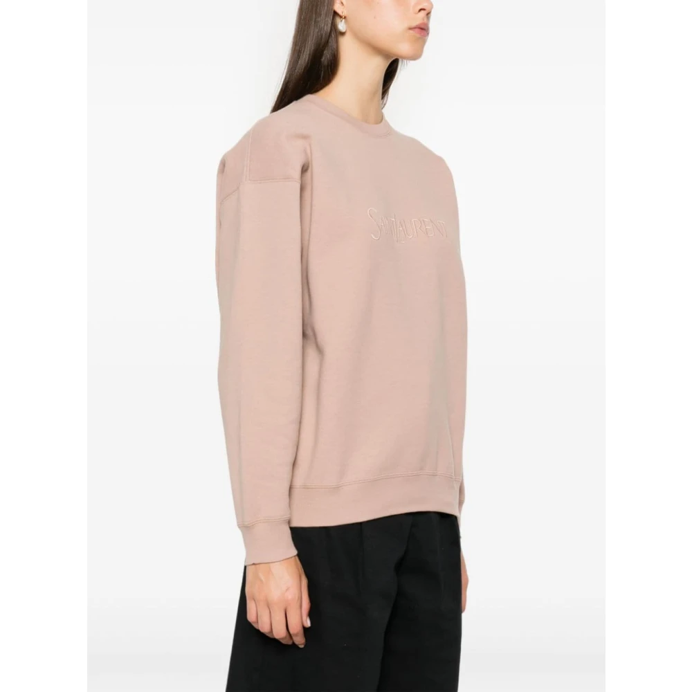 Saint Laurent Roze Crew Neck Sweater Geborduurd Logo Pink Dames