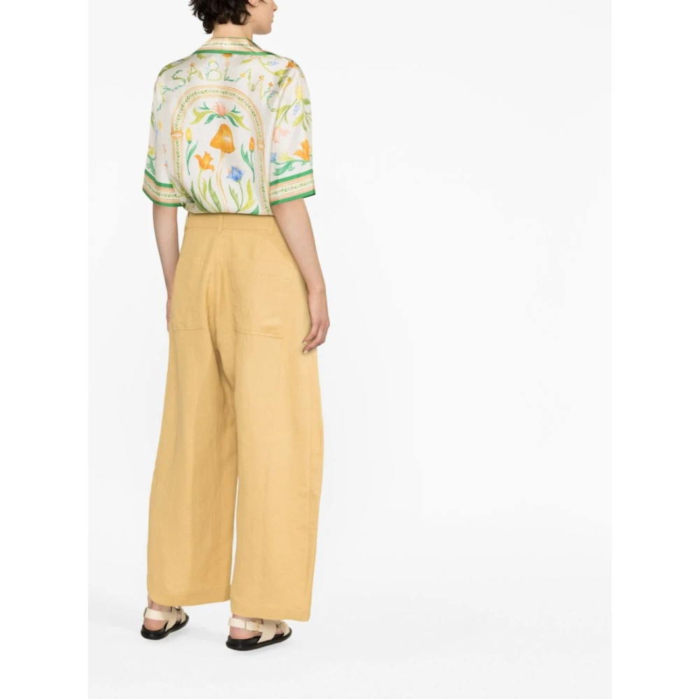 Studio Nicholson Gele Linnen Hoge Taille Wijde Pijpen Broek Beige Dames
