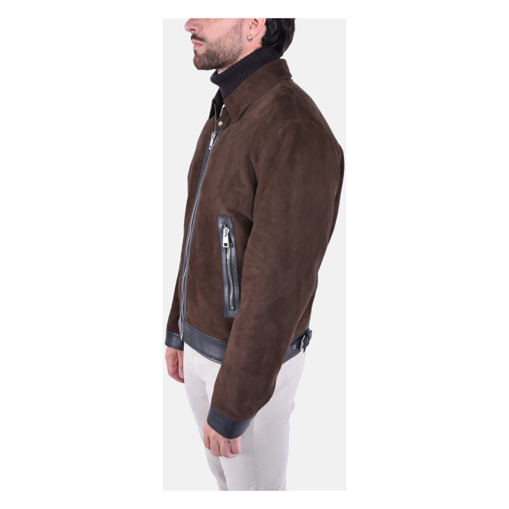 Dondup Leren Bikerjack met Overhemdkraag Brown Heren