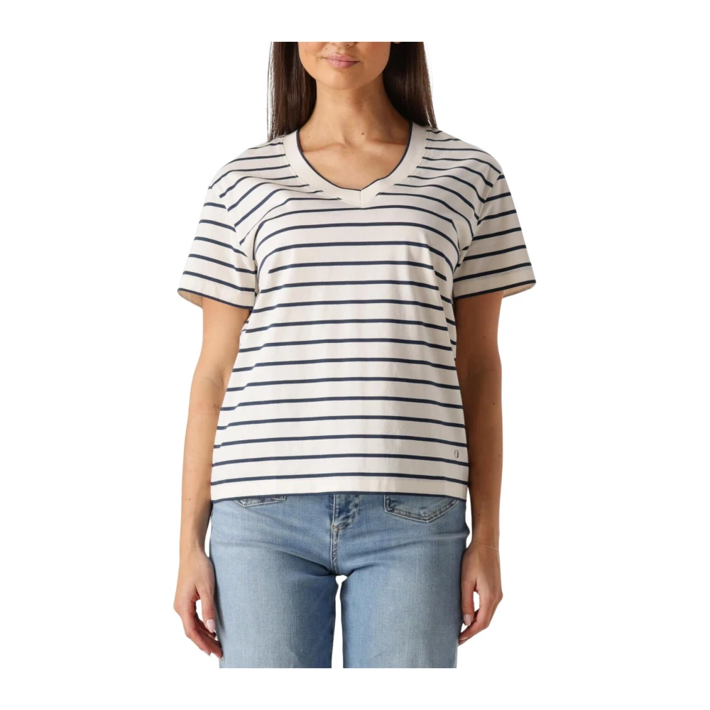 MOS MOSH Blauw Gestreepte V-hals Tee White Dames