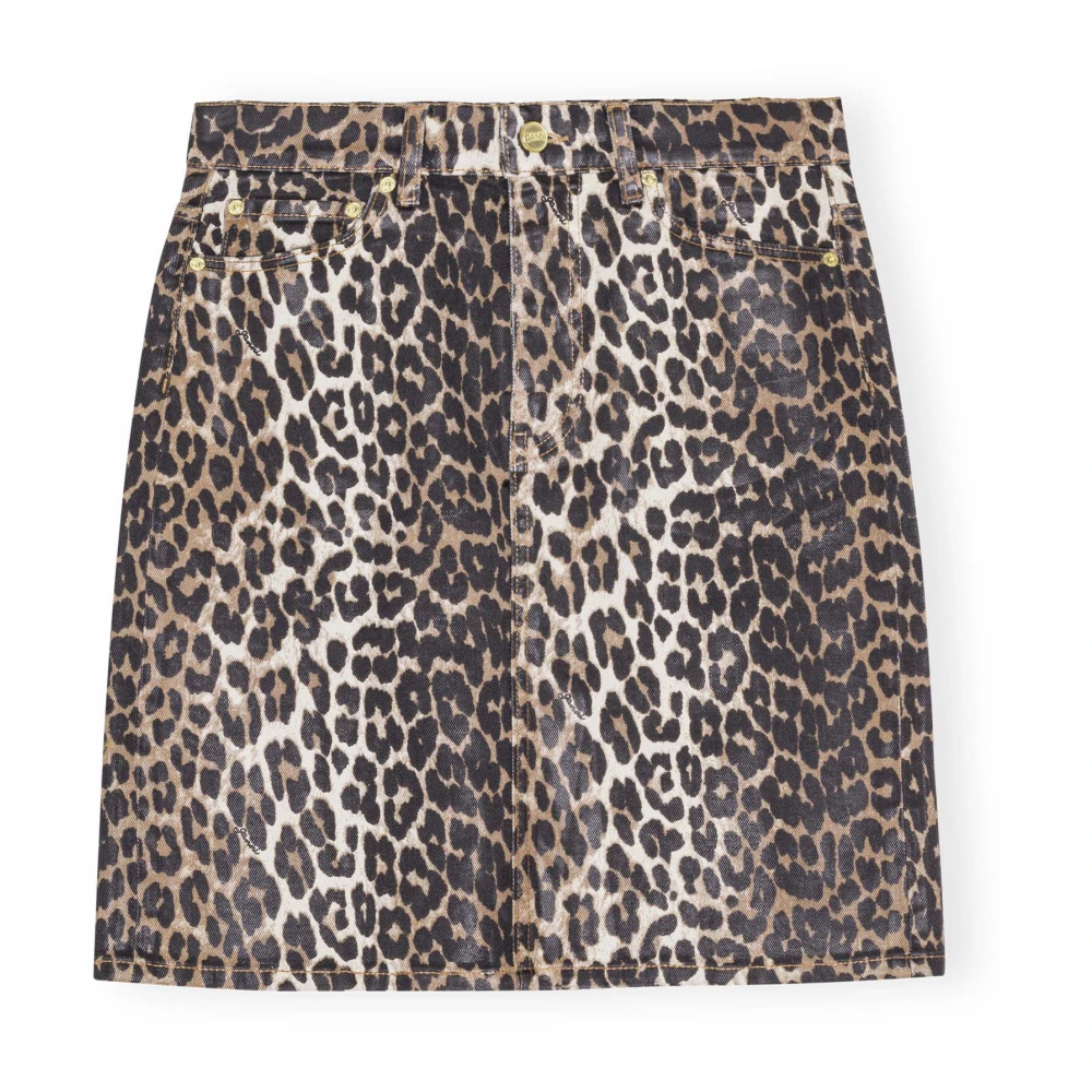 Ganni Women's Brown Denim Skirts, M, Leopard Foil Print Denim Skirt