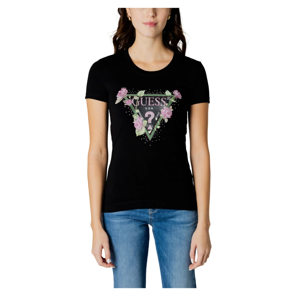 Guess Bloemen Triangle T-Shirt Black Dames