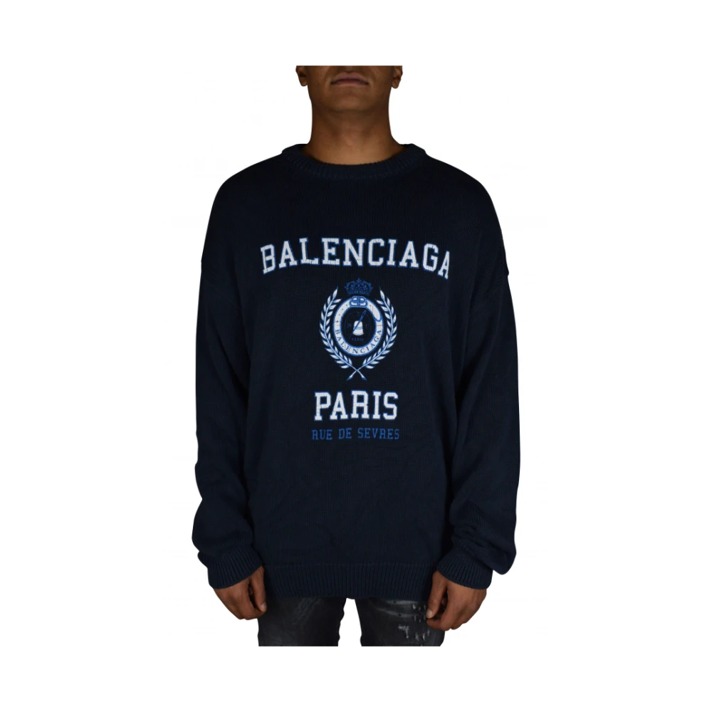 Balenciaga Navy Blue Logo Print Sweater Blue Heren