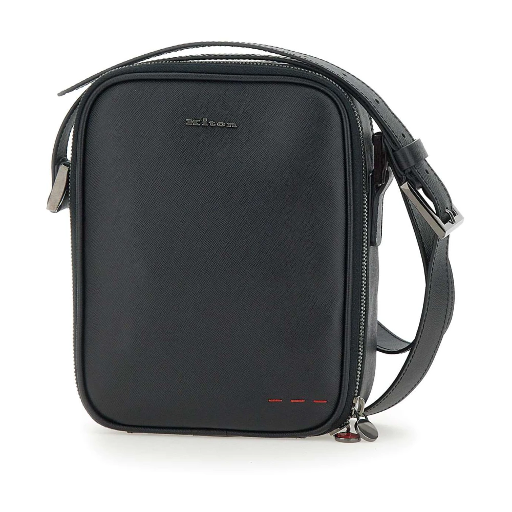Kiton Zwarte Leren Schoudertas met Rits Black Heren