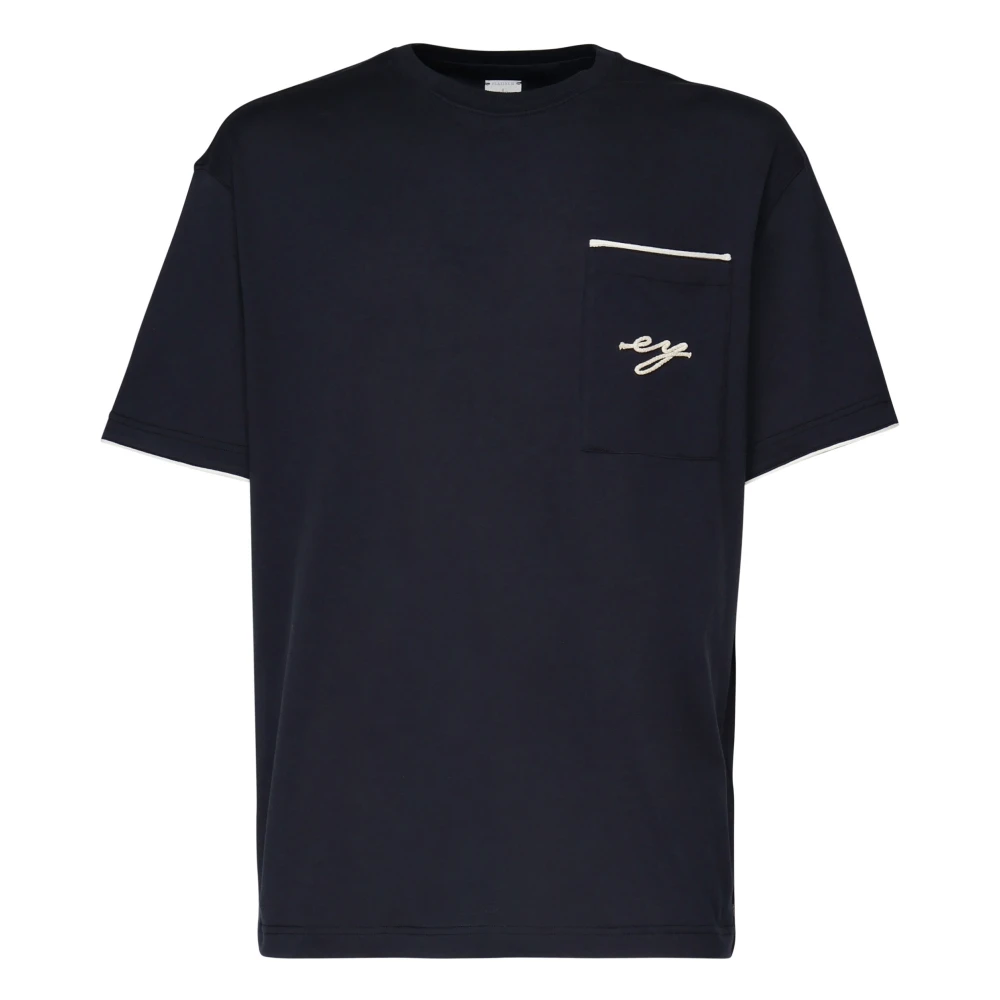 Eleventy Blauw Katoenen T-shirt met Zakborduursel Blue Heren