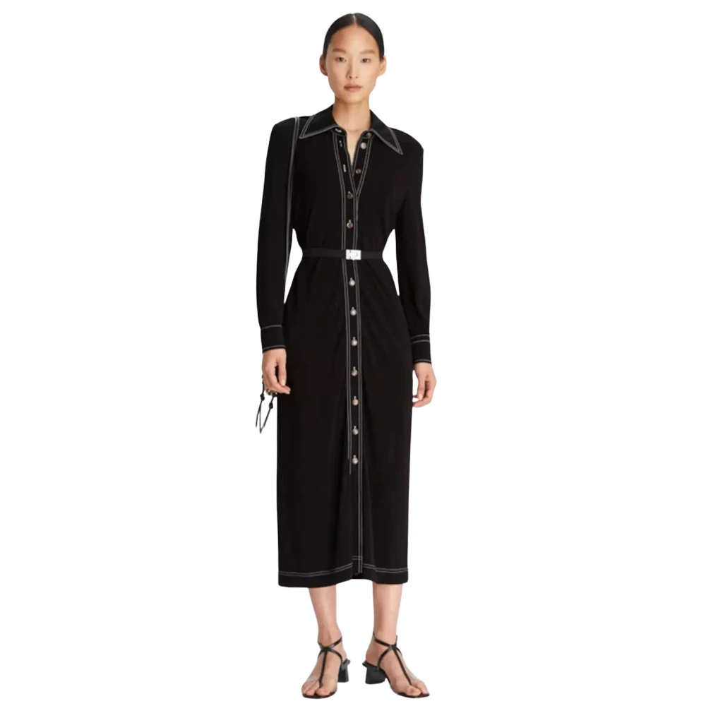 TORY BURCH Zwarte Jersey Maxi Jurk met Polo Kraag Black Dames