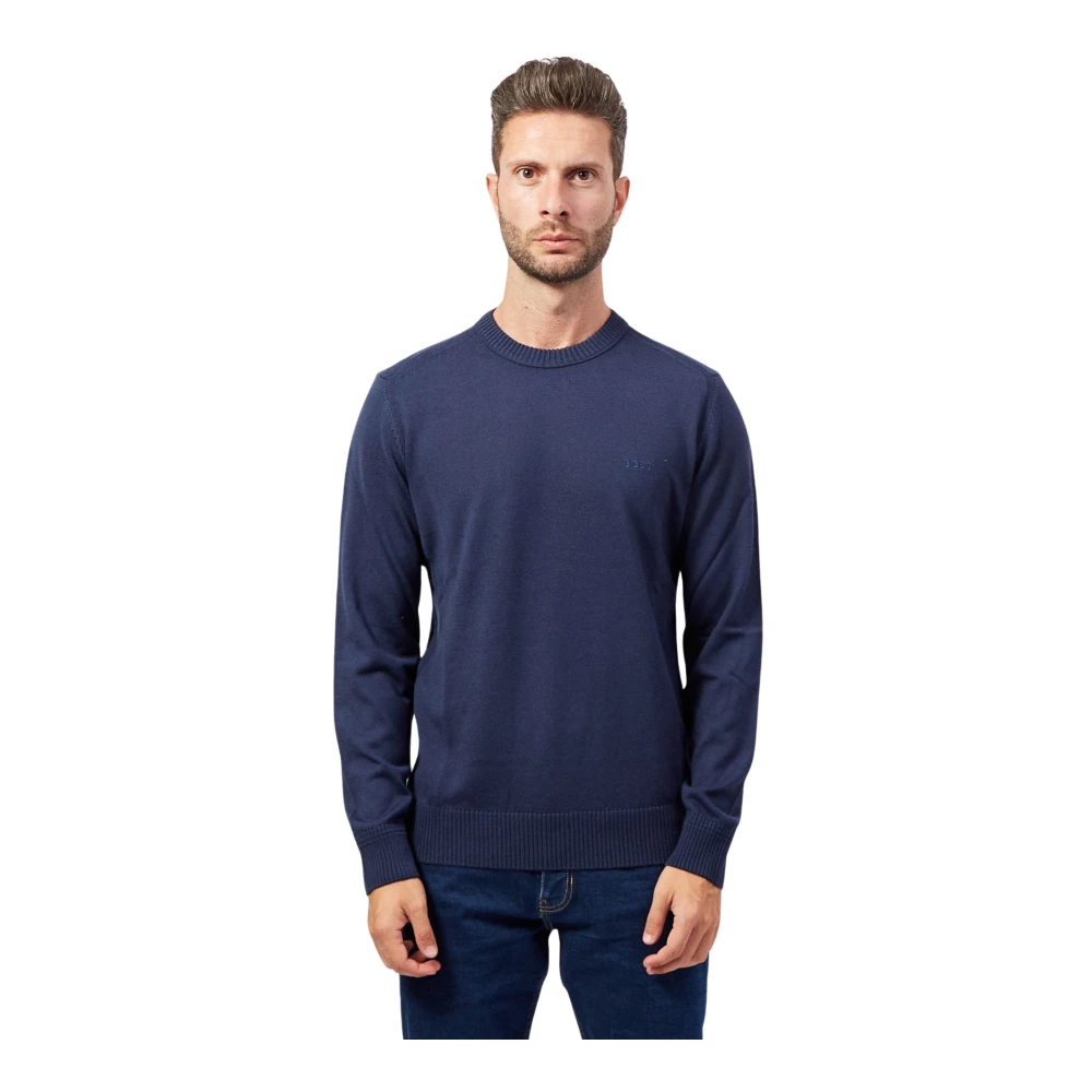 Boss Blauwe Katoenen Trui Straight Fit Blue Heren