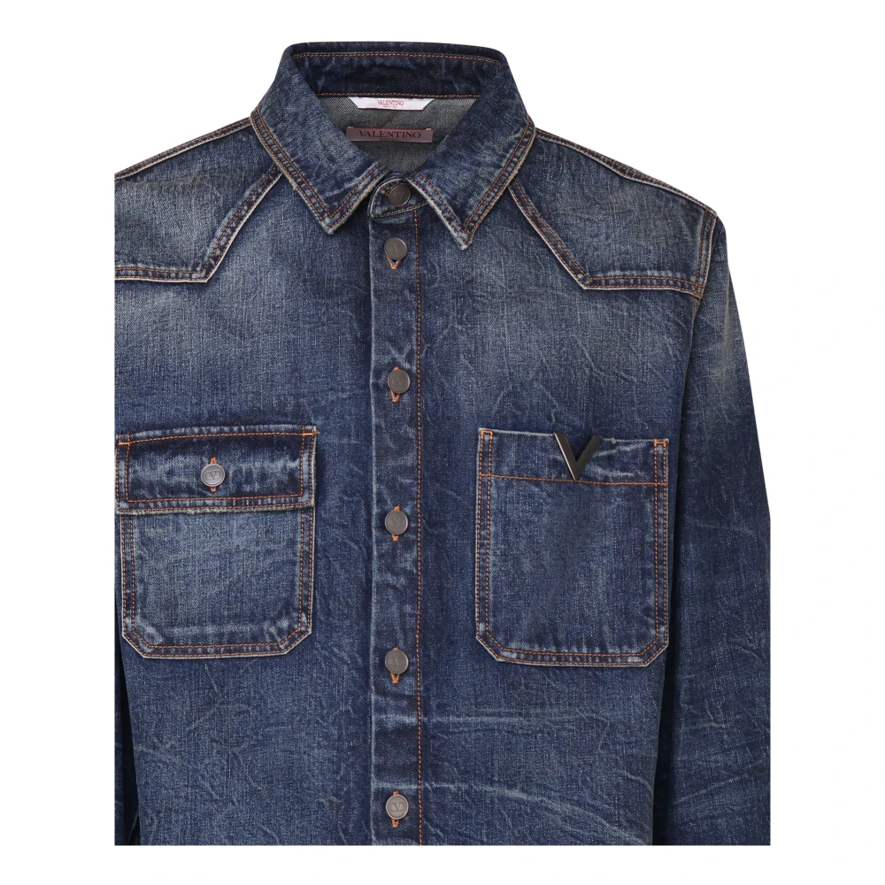 Valentino Garavani Denim Overhemd met Logoed Knopen Blue Heren