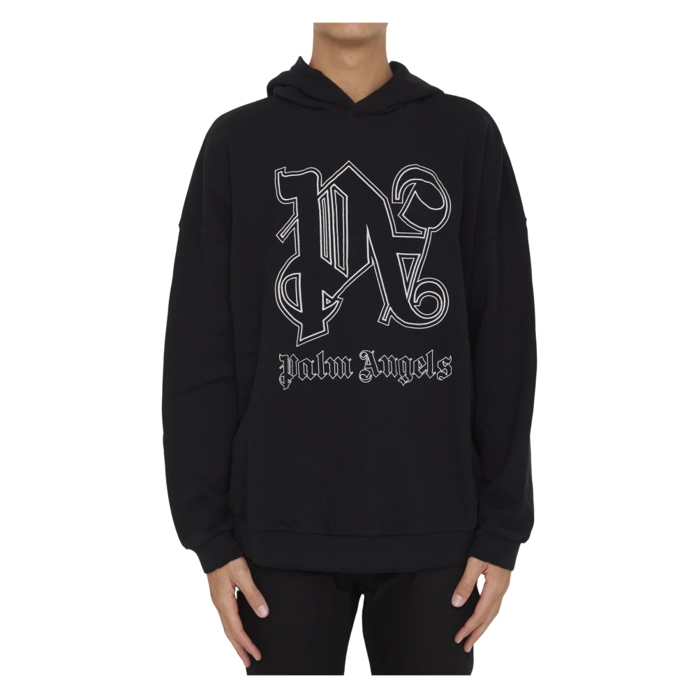 Palm Angels Zwarte katoenen hoodie met maxi monogram borduursel Black Heren