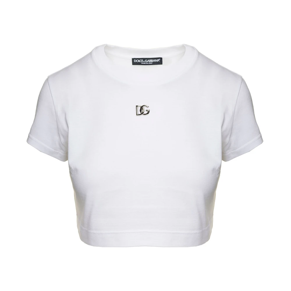 Dolce & Gabbana Luxe witte crop t-shirt met metalen logo White Dames
