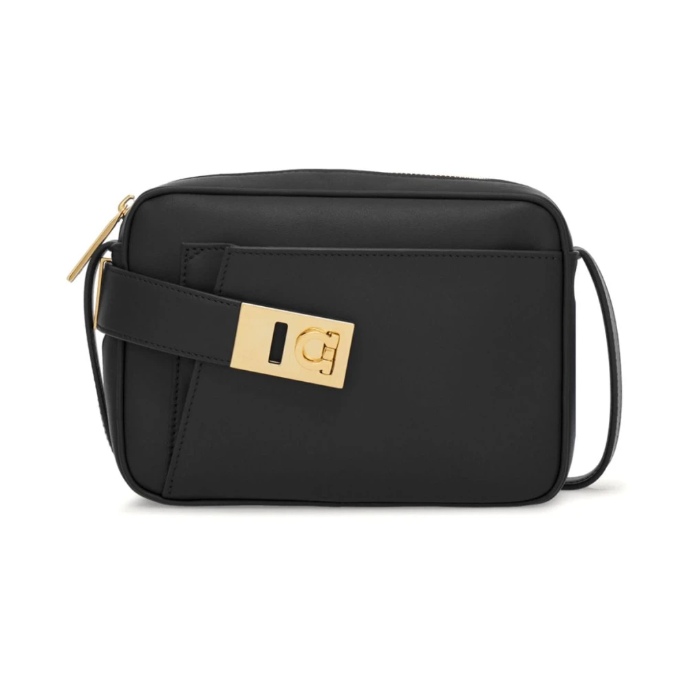 Salvatore Ferragamo Zwarte Leren Gancini Gesp Schoudertas Black Dames