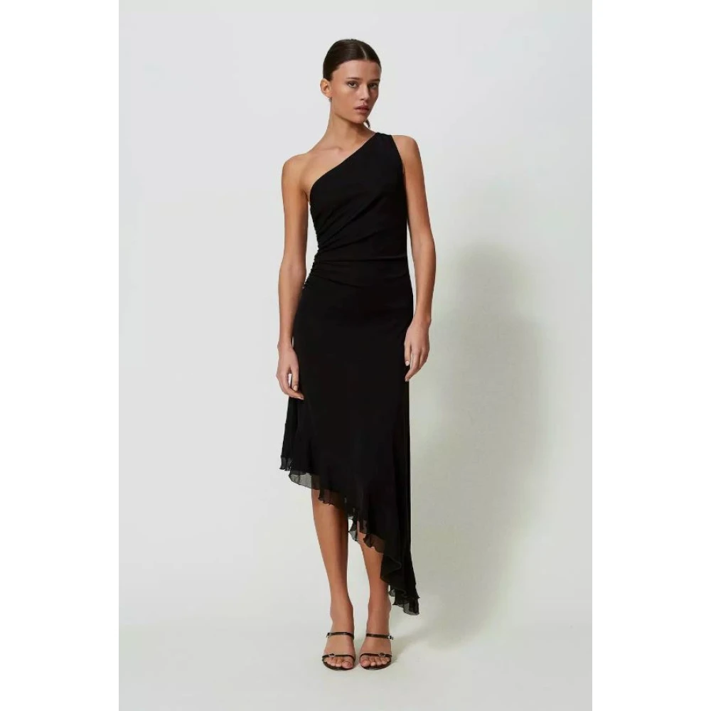 Twinset Asymmetrische Midi Jurk met Georgette Ruche Black Dames
