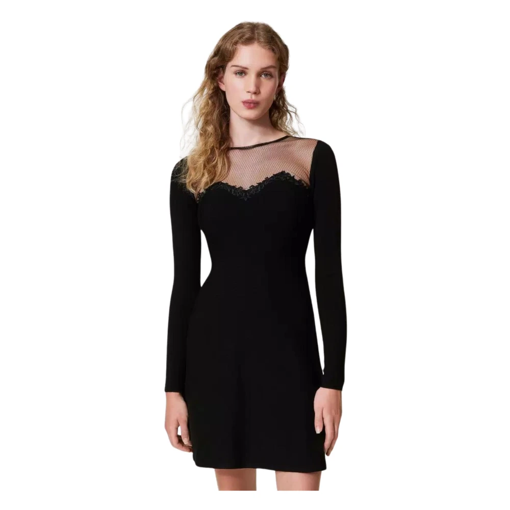 Twinset Zwarte Bloemen Geborduurde Jurk Black Dames