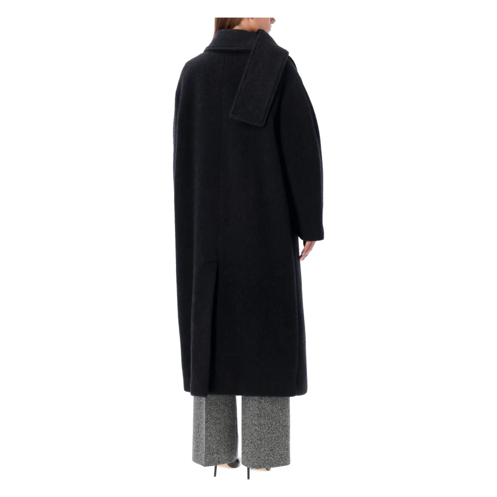 Msgm Zwarte Wol Lange Jas Sjaalkraag Black Dames