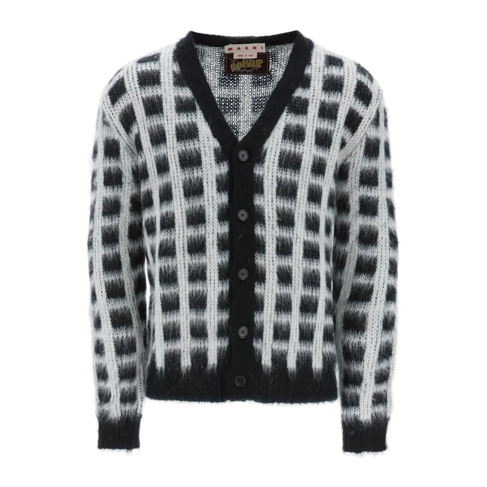 Marni Men's Multicolor Cardigans, M, Brushed Yarn Cardigan With Check Pattern