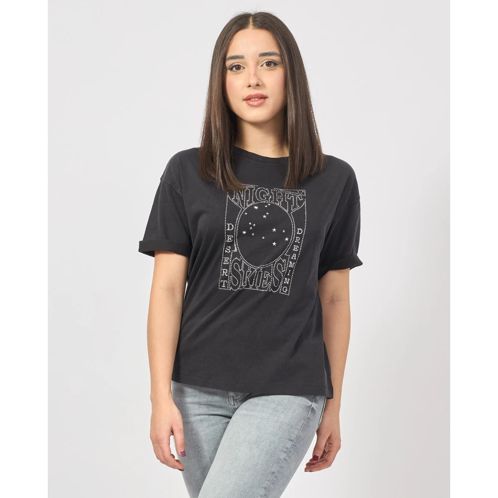 Hugo Boss Zwarte grafische T-shirt met opgerolde mouw Black Dames
