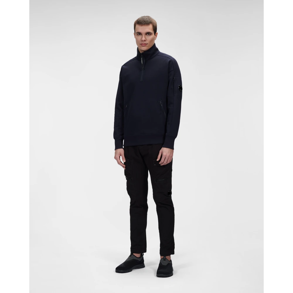C.P. Company Diagonal Raised Fleece Stand Collar Sweatshirt Blue Heren
