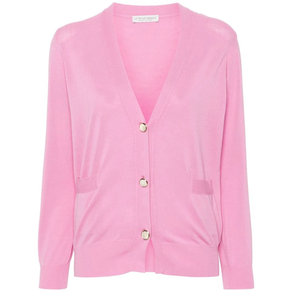 Le Tricot Perugia Roze Katoenen Vest V-Hals Knoopsluiting Pink Dames
