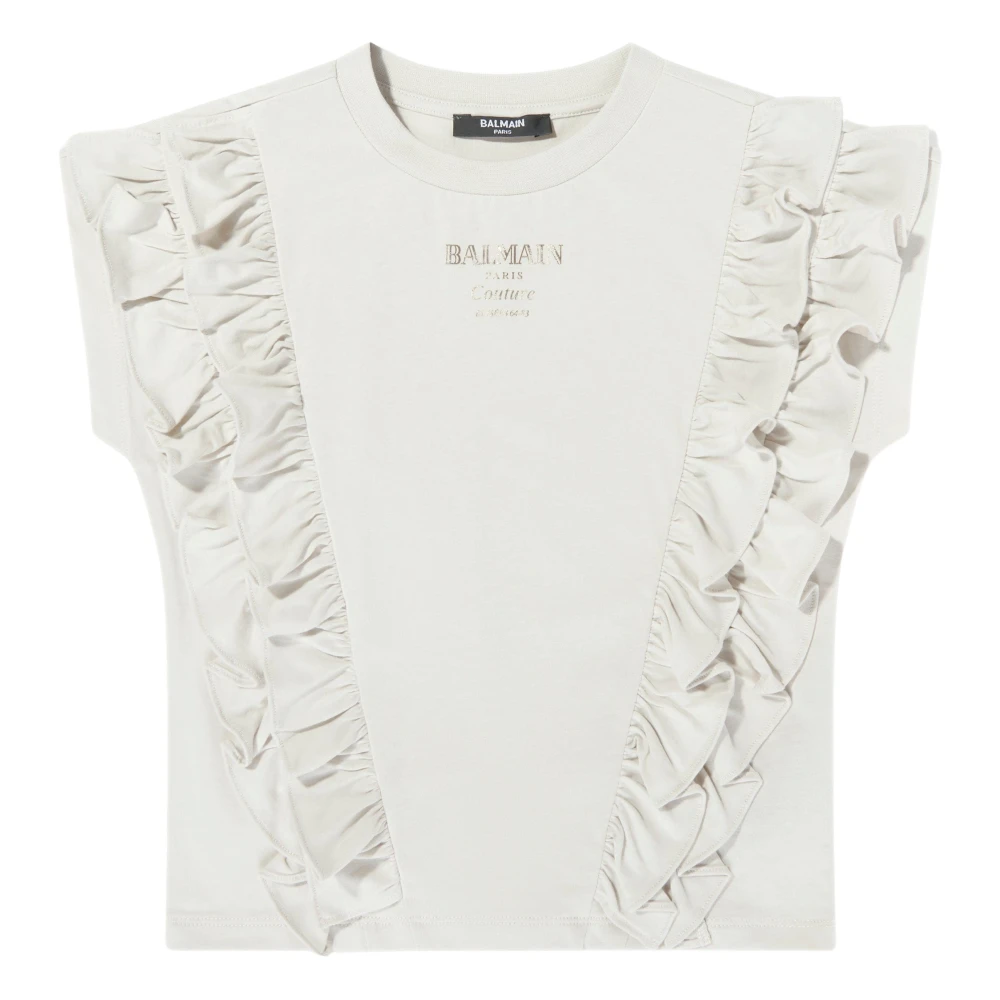 Balmain Girls Beige Logo Ruffle Top - Kids Short Sleeve T-Shirts - 10 Y - Kids