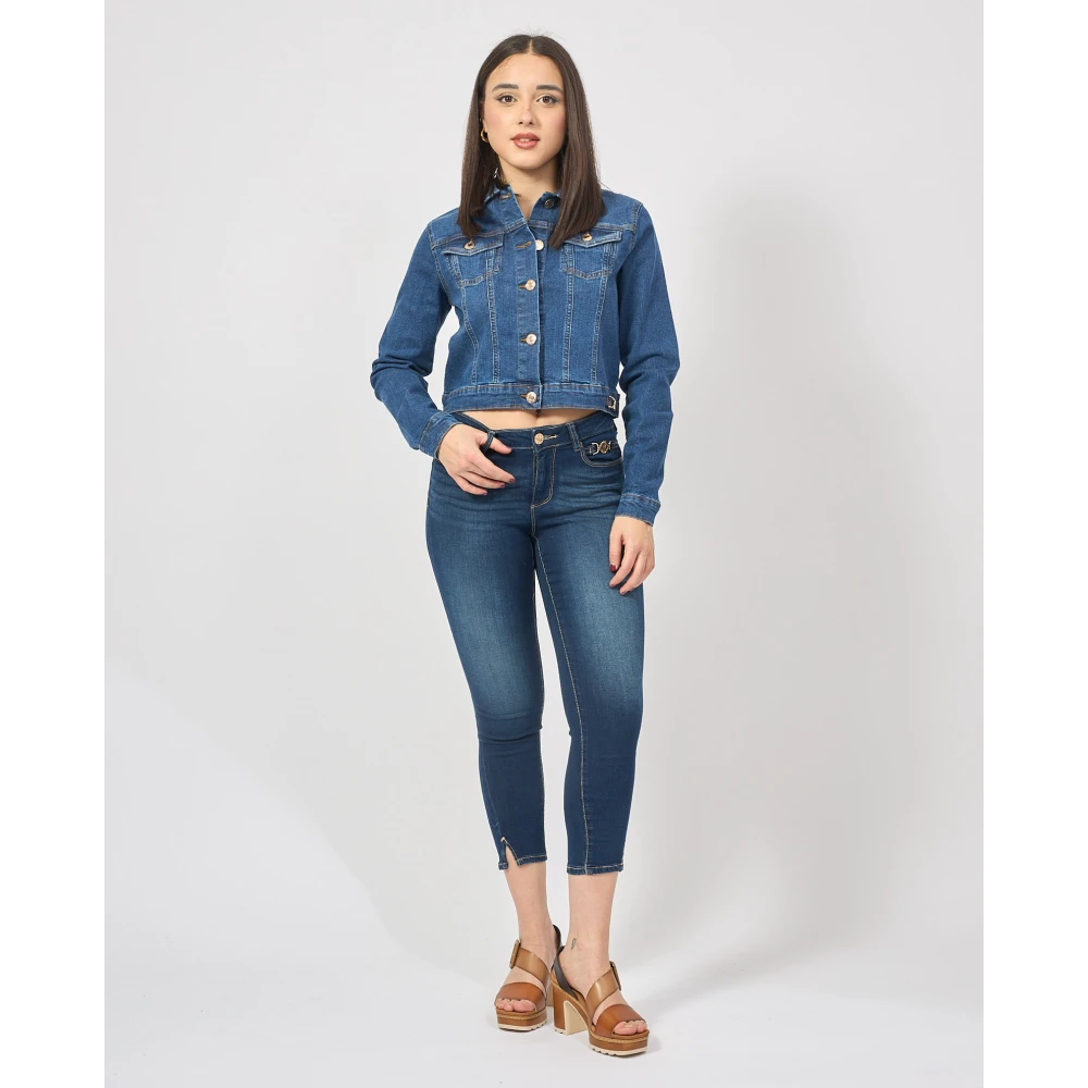 Fracomina Blauwe Denim Korte Jas met Gouden Details Blue Dames
