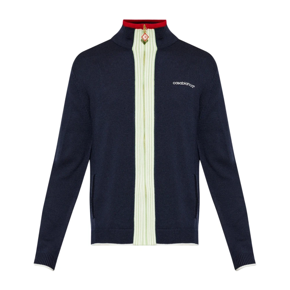 Casablanca , Cardigans, Male, Blue, M, Logo-Embroidered Zip-Up Cardigan