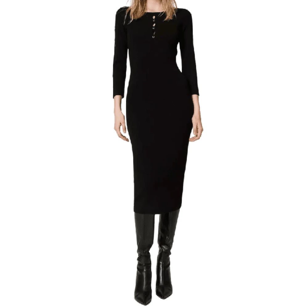 Twinset Zwarte Gebreide Jurk met Uitsparingen en Studs Black Dames